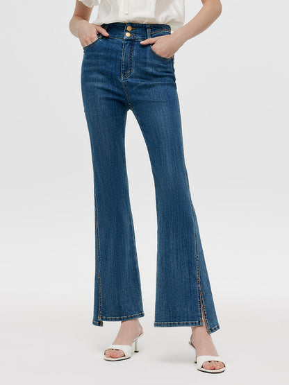 Denim Yapay Elmas Yırtmaçlı Kadın Flared Jeans