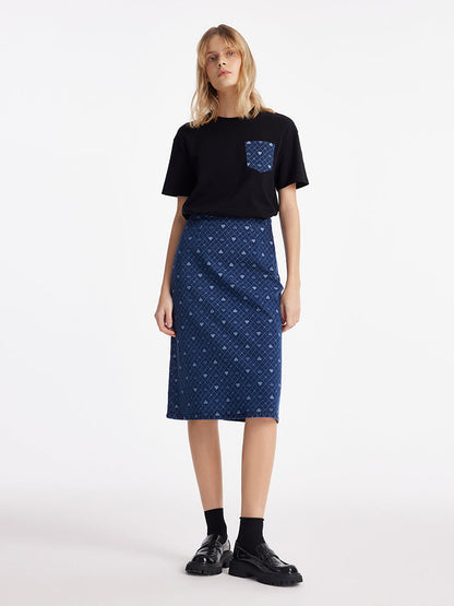 Patchwork Denim Jakarlı Kadın T-Shirt