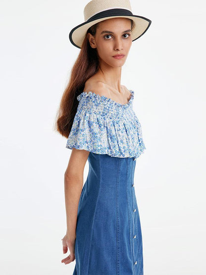 Patchwork Çiçekli Denim Elbise