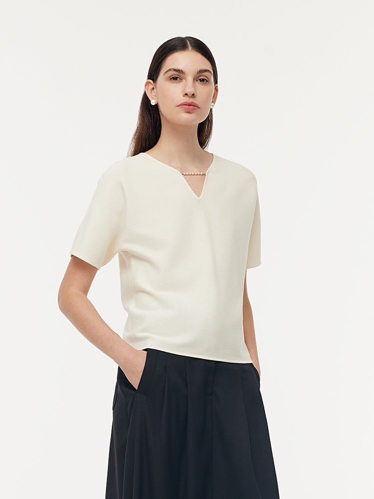 Tencel V Yaka Çıkarılabilir Boncuklu Zincirli Kadın Üst