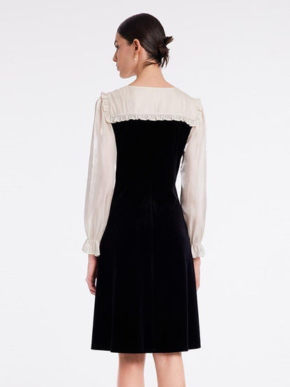 Kadife Patchwork Midi Yaka Elbise