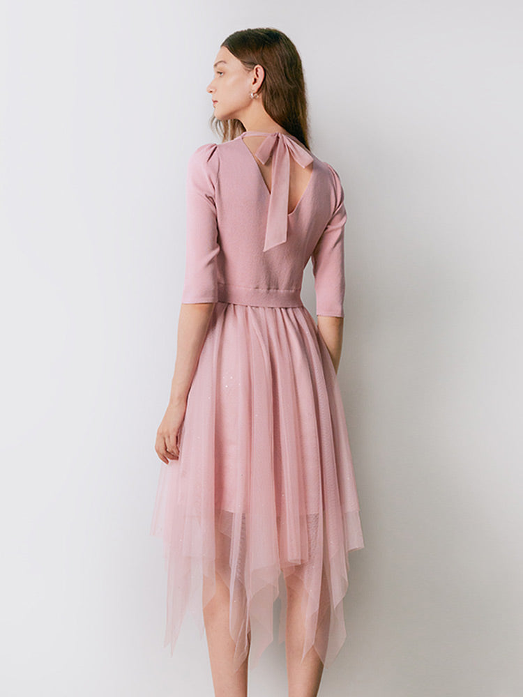 Pembe V Yaka İnce Patchwork Maxi Elbise