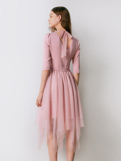 Pembe V Yaka İnce Patchwork Maxi Elbise