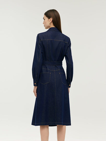 Denim Yaka Kadın Midi Elbise Kemerli