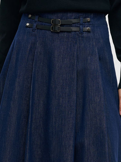 Denim Pileli Kadın Yarım Etek