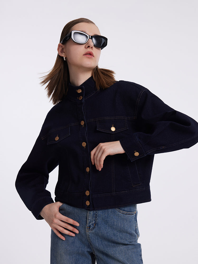 Dik Yaka Denim Kadın Crop Ceket