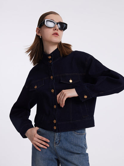 Dik Yaka Denim Kadın Crop Ceket