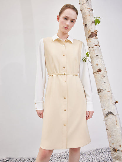 Krem Sarı Çift Katlı Patchwork Midi Elbise