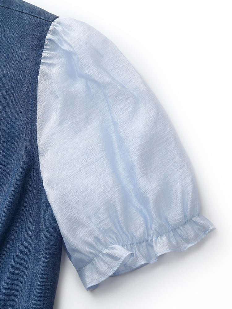 Denim Lyocell Patchwork Crop Ceket Ve Etek İkili Takım
