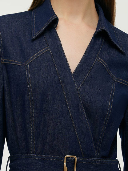 Denim Yaka Kadın Midi Elbise Kemerli