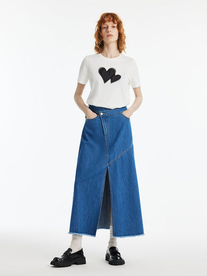 Denim Asimetrik Yırtmaçlı Kadın Etek