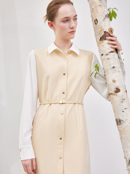 Krem Sarı Çift Katlı Patchwork Midi Elbise