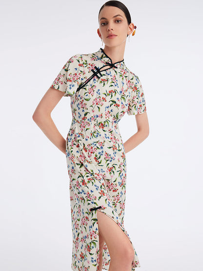 İpek Yırtmaçlı Cheongsam Qipao Midi Elbise