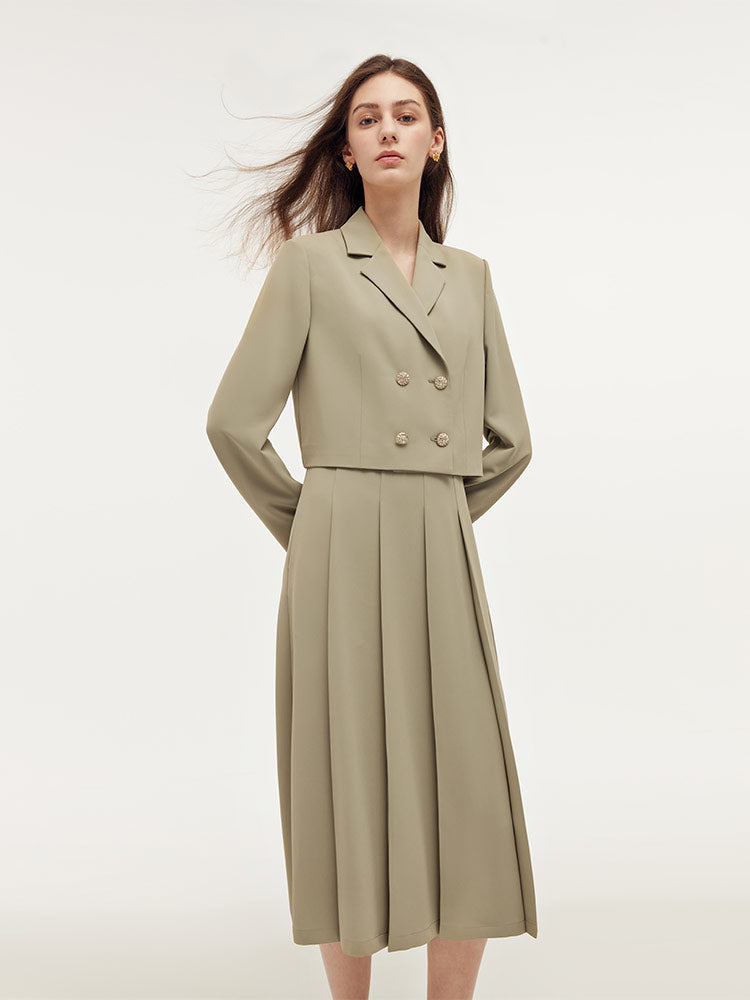 Crop Blazer Ve Kaşkorse Ve Piliseli Midi Etek Üçlü Takım