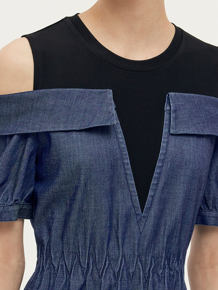 Denim Lyocell Soğuk Omuz Patchwork Kadın Midi Elbise