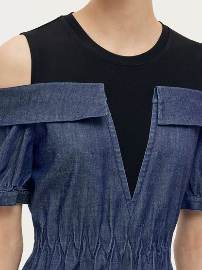Denim Lyocell Soğuk Omuz Patchwork Kadın Midi Elbise