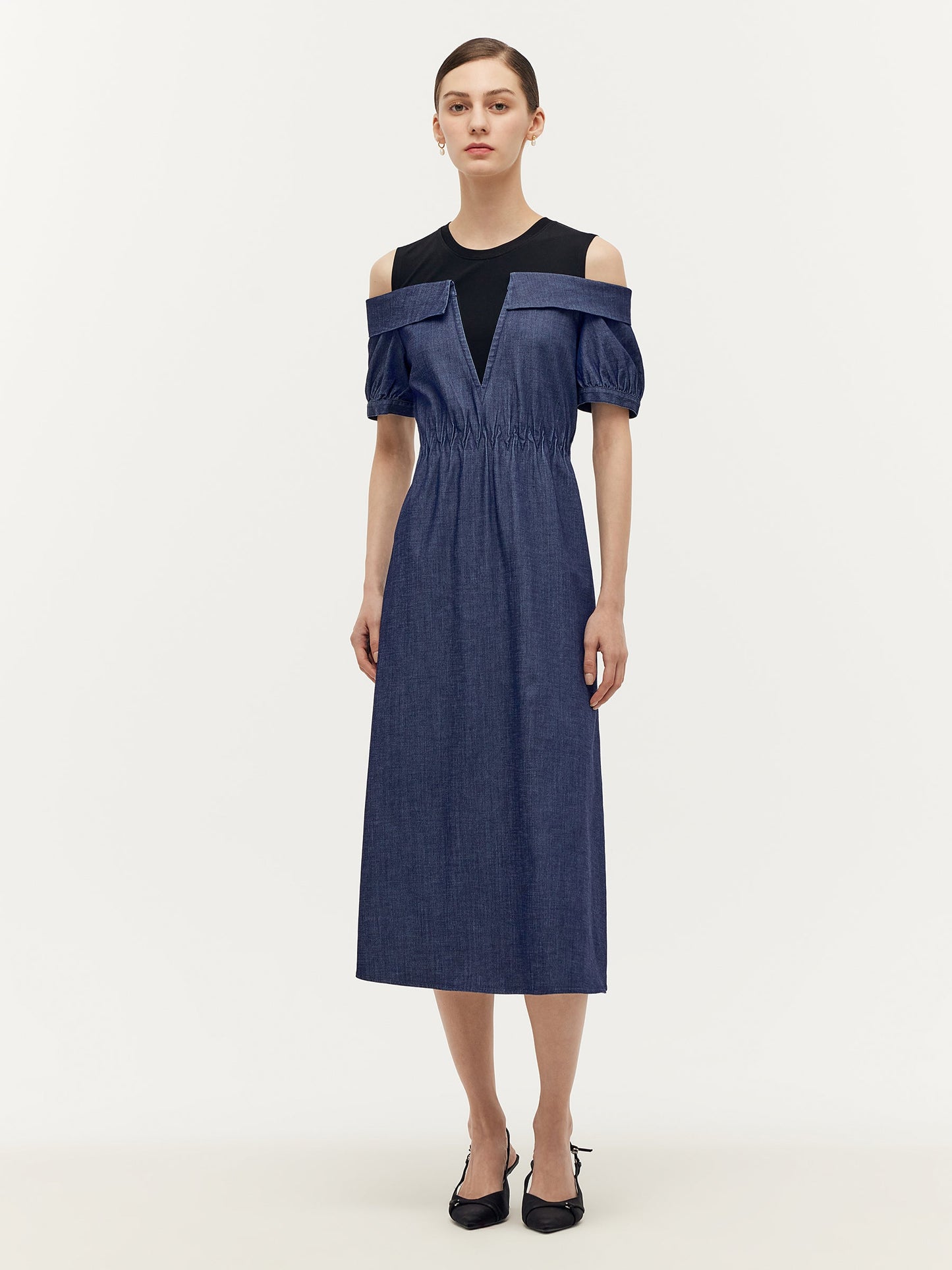 Denim Lyocell Soğuk Omuz Patchwork Kadın Midi Elbise