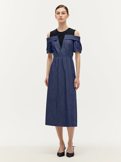 Denim Lyocell Soğuk Omuz Patchwork Kadın Midi Elbise