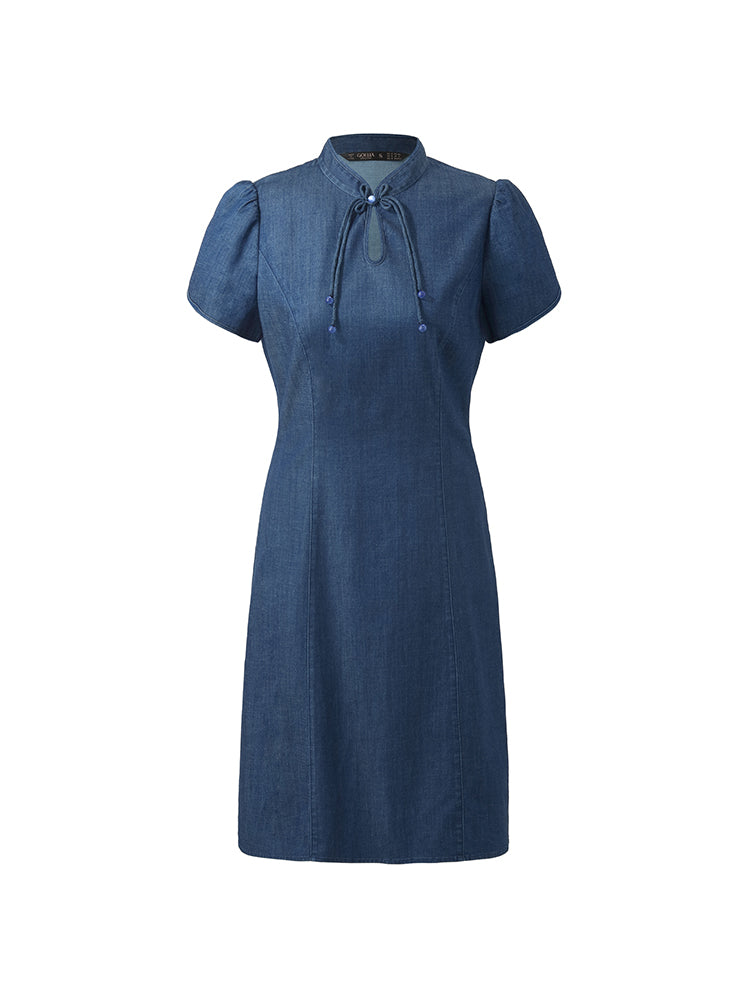 Denim Petal Kollu Kadın Qipao Mini Elbise