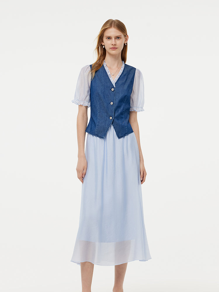 Denim Lyocell Patchwork Crop Ceket Ve Etek İkili Takım