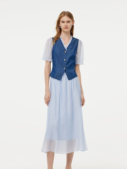 Denim Lyocell Patchwork Crop Ceket Ve Etek İkili Takım
