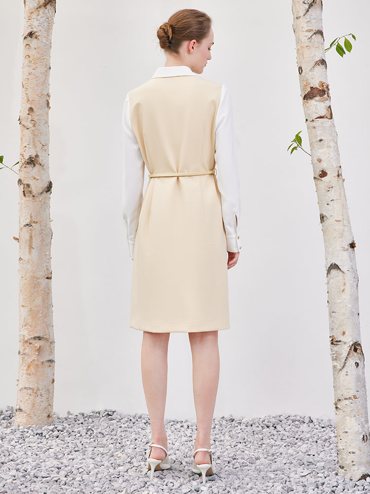 Krem Sarı Çift Katlı Patchwork Midi Elbise
