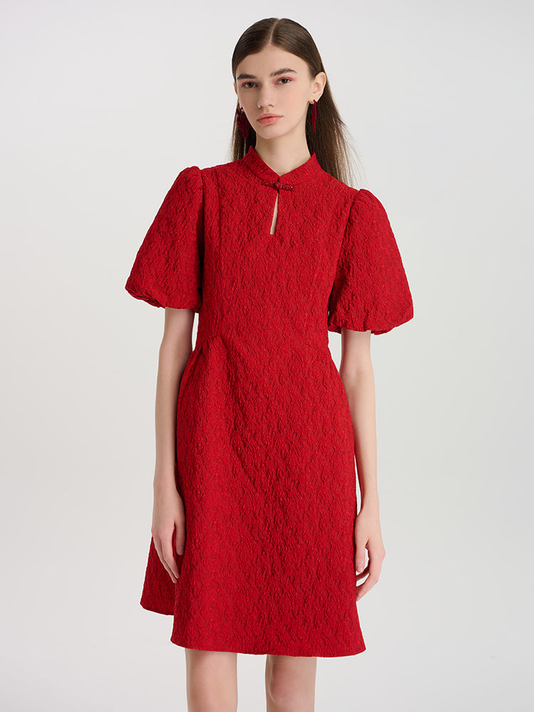 Çiçekli Jakarlı Mandarin Yakalı Kadın Mini Qipao Elbise