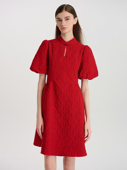 Çiçekli Jakarlı Mandarin Yakalı Kadın Mini Qipao Elbise