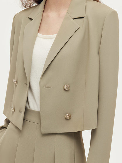 Crop Blazer Ve Kaşkorse Ve Piliseli Midi Etek Üçlü Takım