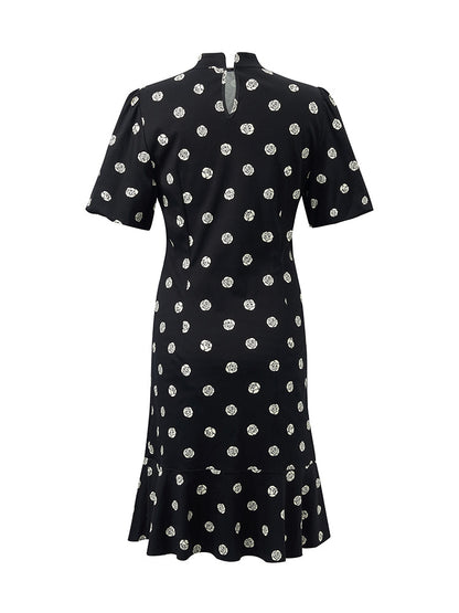 Gül Desenli Puf Kollu Kadın Qipao Mini Elbise