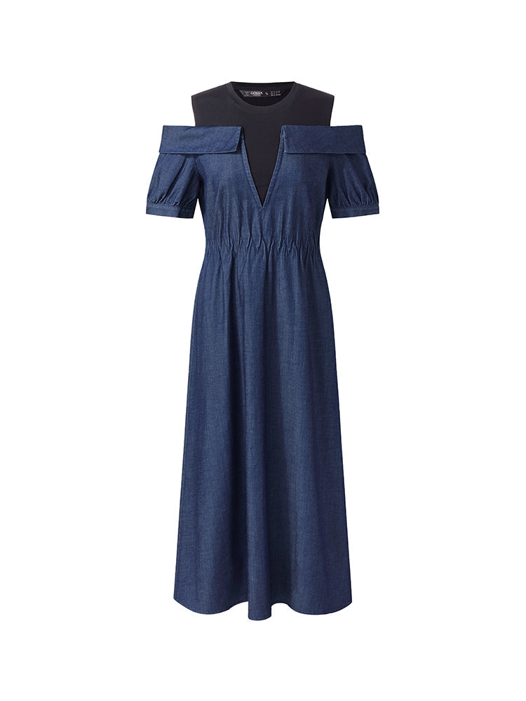 Denim Lyocell Soğuk Omuz Patchwork Kadın Midi Elbise