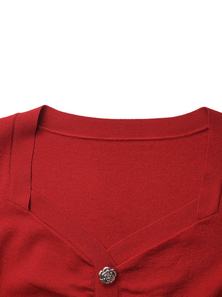 Tencel-İpek Karışımlı Dantelli Gül Düğmeli Kadın Triko Üst