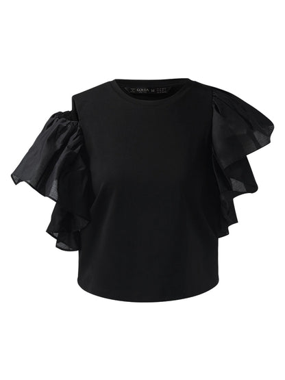 Asimetrik Patchwork Fırfırlı Kadın T-Shirt