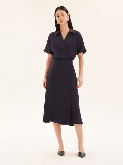 Tencel Asimetrik Tek Düğme Midi Elbise