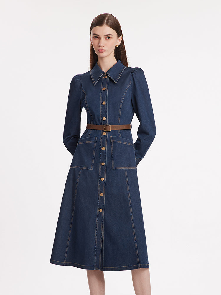 Tek Sıra Düğmeli Kemerli Kadın Midi Denim Elbise