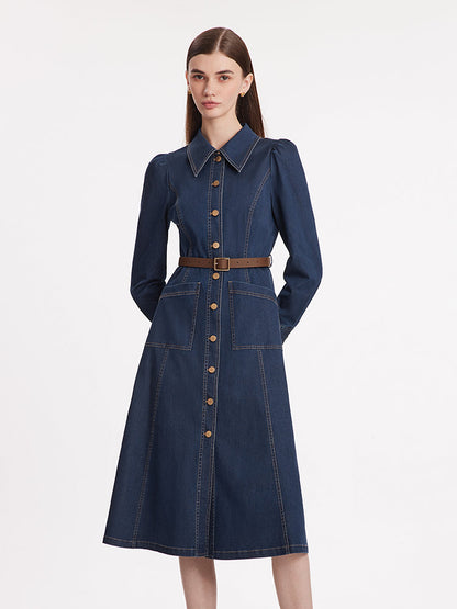 Tek Sıra Düğmeli Kemerli Kadın Midi Denim Elbise
