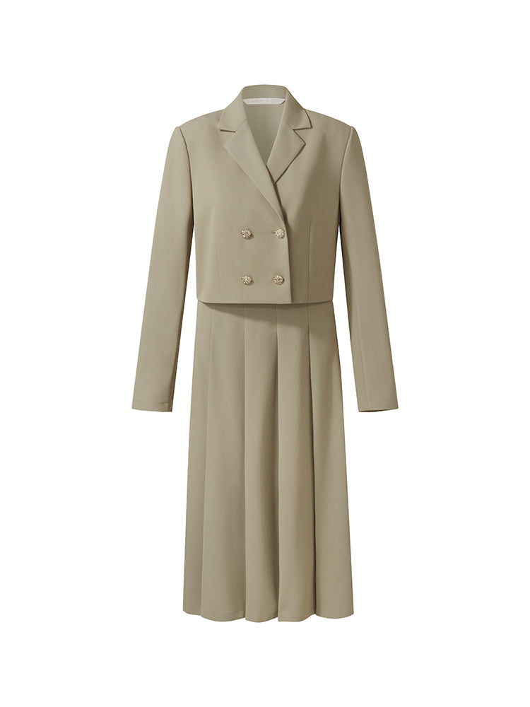 Crop Blazer Ve Kaşkorse Ve Piliseli Midi Etek Üçlü Takım