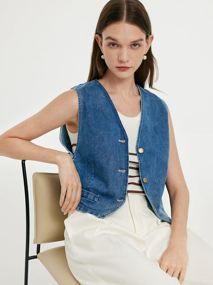 Tek Göğüslü Kadın Denim Crop Yelek