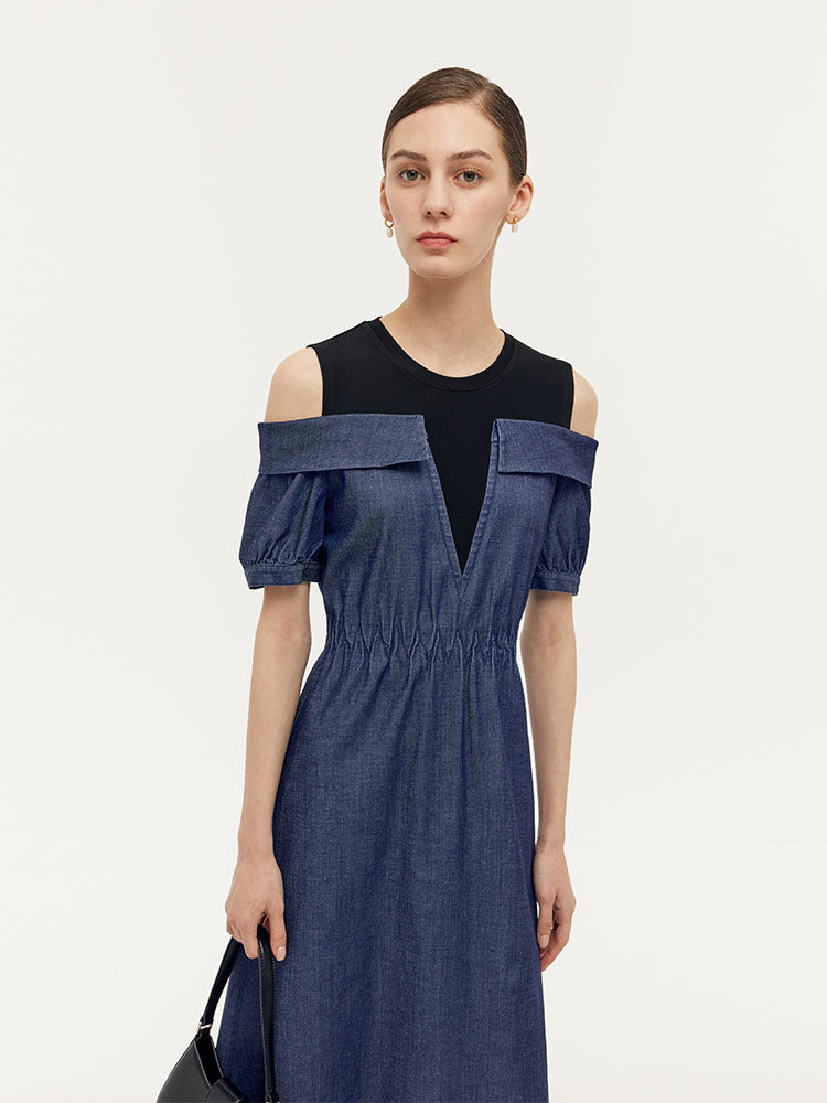 Denim Lyocell Soğuk Omuz Patchwork Kadın Midi Elbise