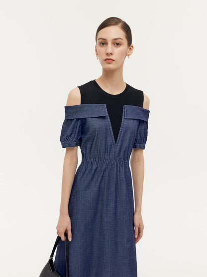 Denim Lyocell Soğuk Omuz Patchwork Kadın Midi Elbise
