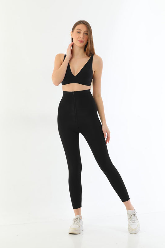 SİYAH 2711 Lazer Kesim Fermuarlı Uzun Tayt