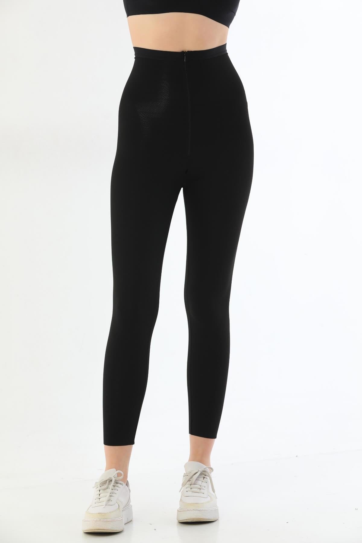 SİYAH 2711 Lazer Kesim Fermuarlı Uzun Tayt