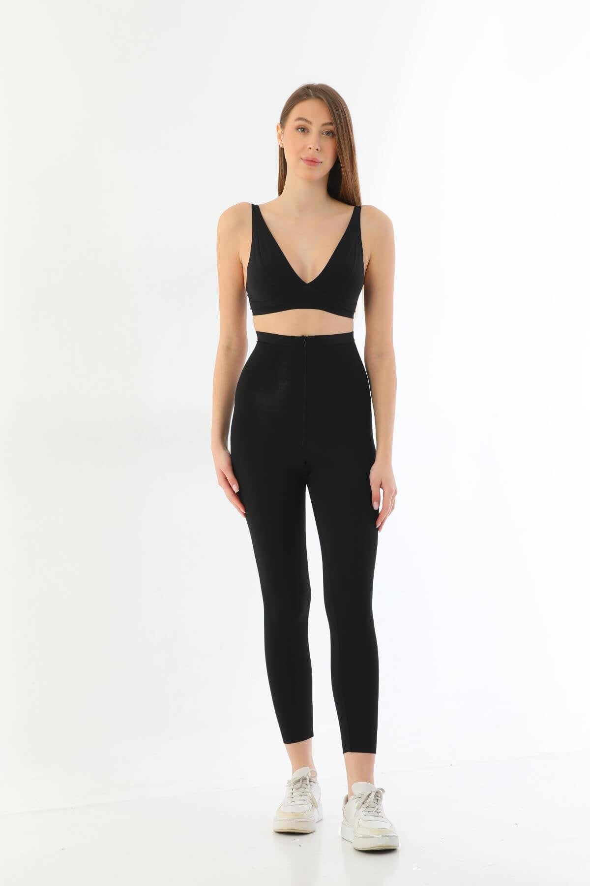 SİYAH 2711 Lazer Kesim Fermuarlı Uzun Tayt