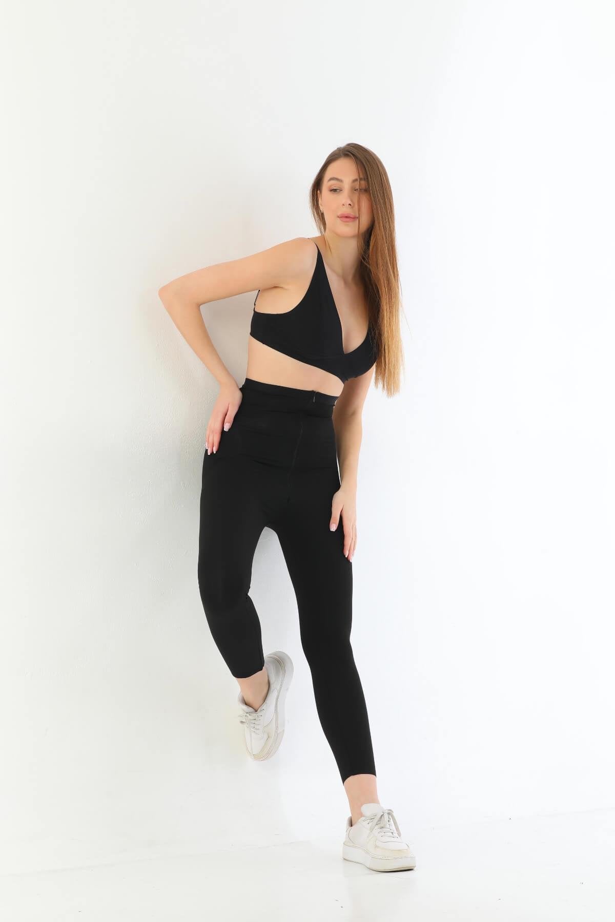 SİYAH 2711 Lazer Kesim Fermuarlı Uzun Tayt