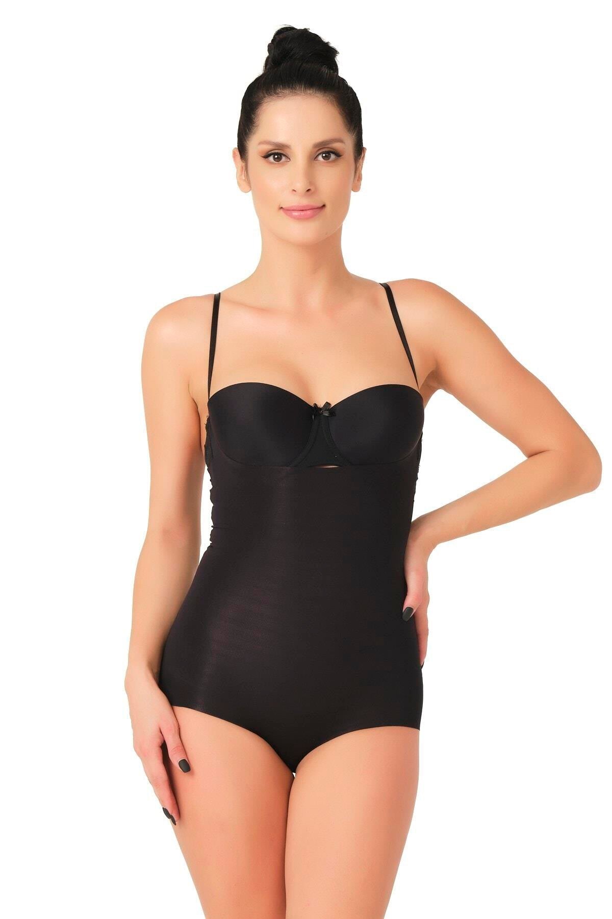 SİYAH DesBerries 2723 Lazer Kesim Göğsü Açık Slip Korse