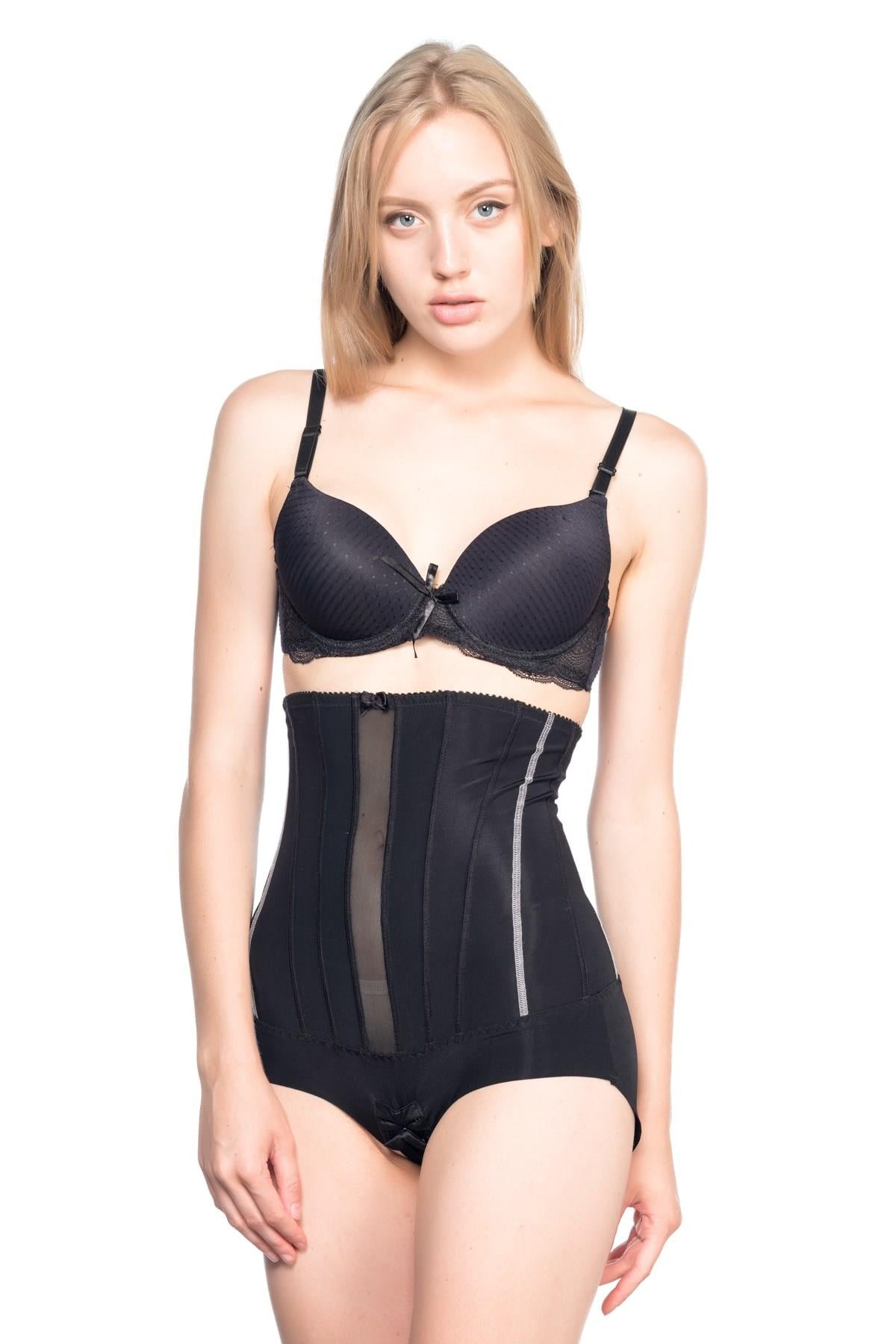 SİYAH DesBerries 2886 Yüksek Bel Tül Slip Lazer Korse