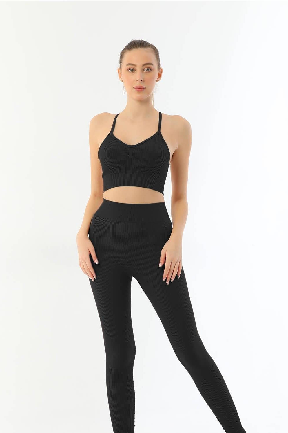 SİYAH DesBerries 3921 Soft Seamless Ripli Tayt Yoga Takımı