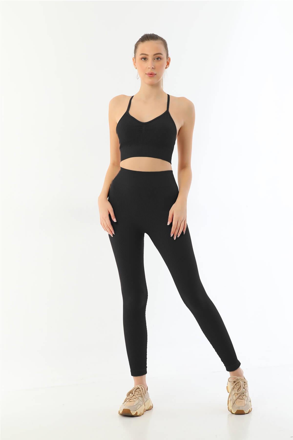 SİYAH DesBerries 3921 Soft Seamless Ripli Tayt Yoga Takımı