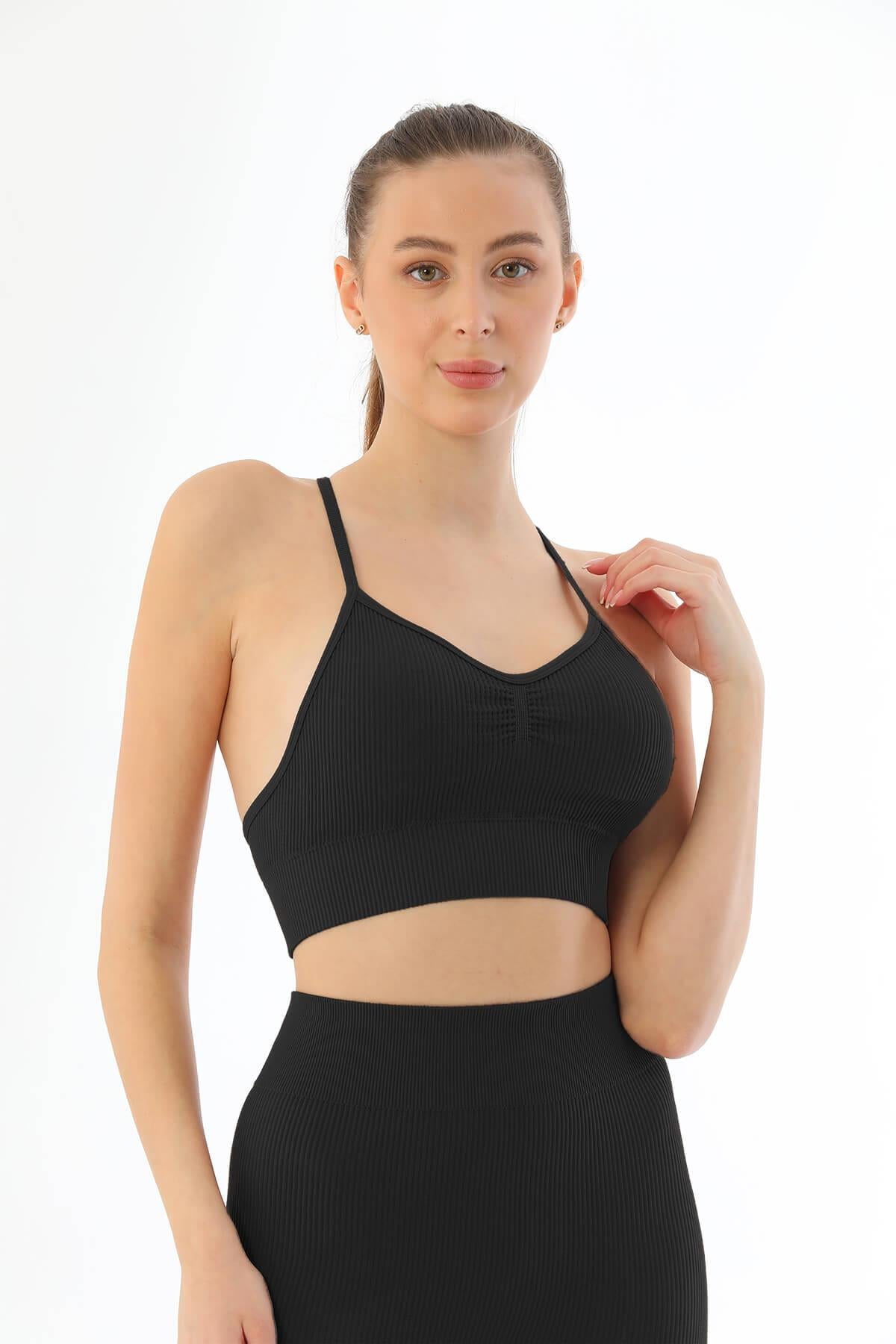 SİYAH DesBerries 3921 Soft Seamless Ripli Tayt Yoga Takımı
