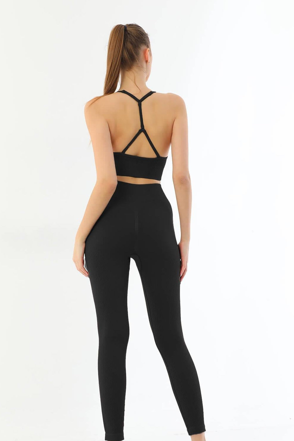 SİYAH DesBerries 3921 Soft Seamless Ripli Tayt Yoga Takımı